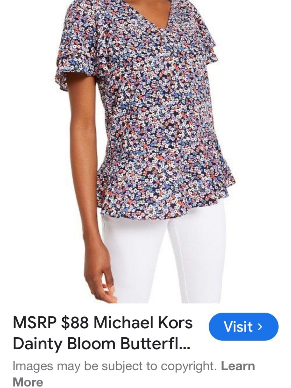 Michael Kors Navy Floral V-Neck Flutter Sleeve Blouse Ladies Size Large